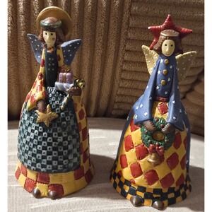 Vintage Folk Art Christmas Angel Figurines Set/2 Patchwork Resin Holiday Decor